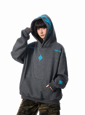 SREK新款街头风连帽卫衣男女宽松印花套头帽衫黑色重磅美式潮牌