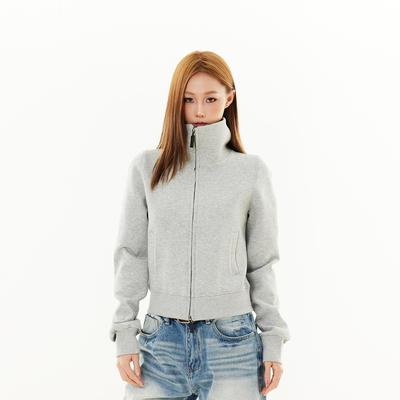 SREK美式复古立领拉链卫衣外套女春季新款修身正肩短款双拉链开衫