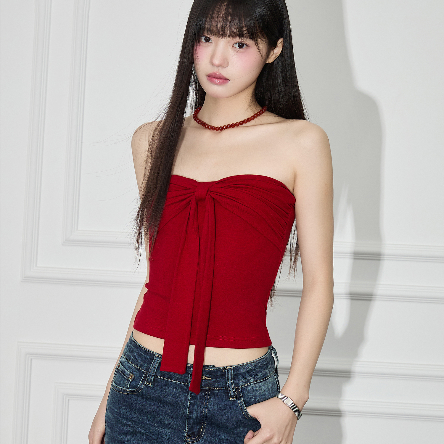 【直播专属】蝴蝶结抹胸背心2025夏季新款韩系红色内搭辣妹上衣
