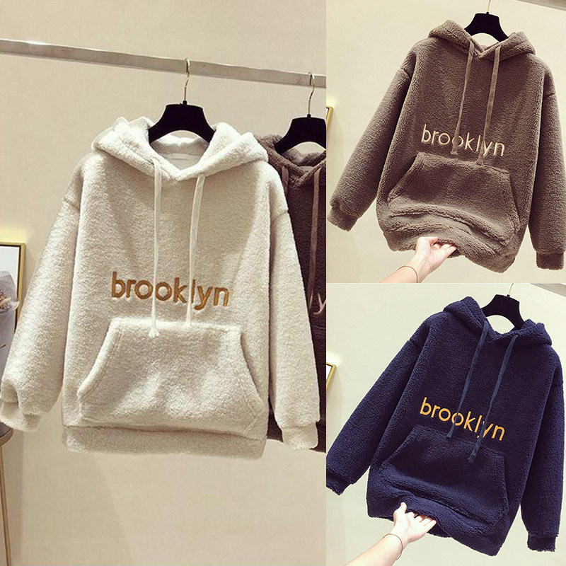 韩雅蔓羊羔绒加绒加厚卫衣女秋冬装新款学生宽松保暖连帽上衣外套