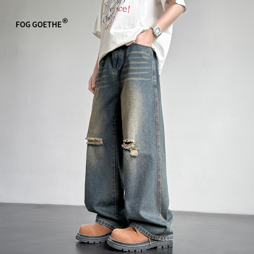 FOG GOETHE美式复古破洞牛仔裤男春秋季高街水洗直筒裤阔腿长裤子