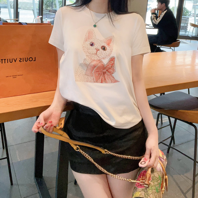 欧洲站2025款重工镶钻印花圆领时尚减龄修身棉白色短袖T恤女上衣