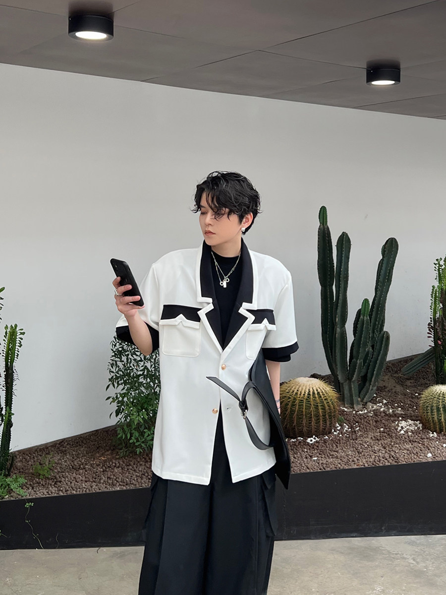 fei自制春夏高级感轻奢西装领垫肩宽松短袖黑白拼接休闲衬衫外套