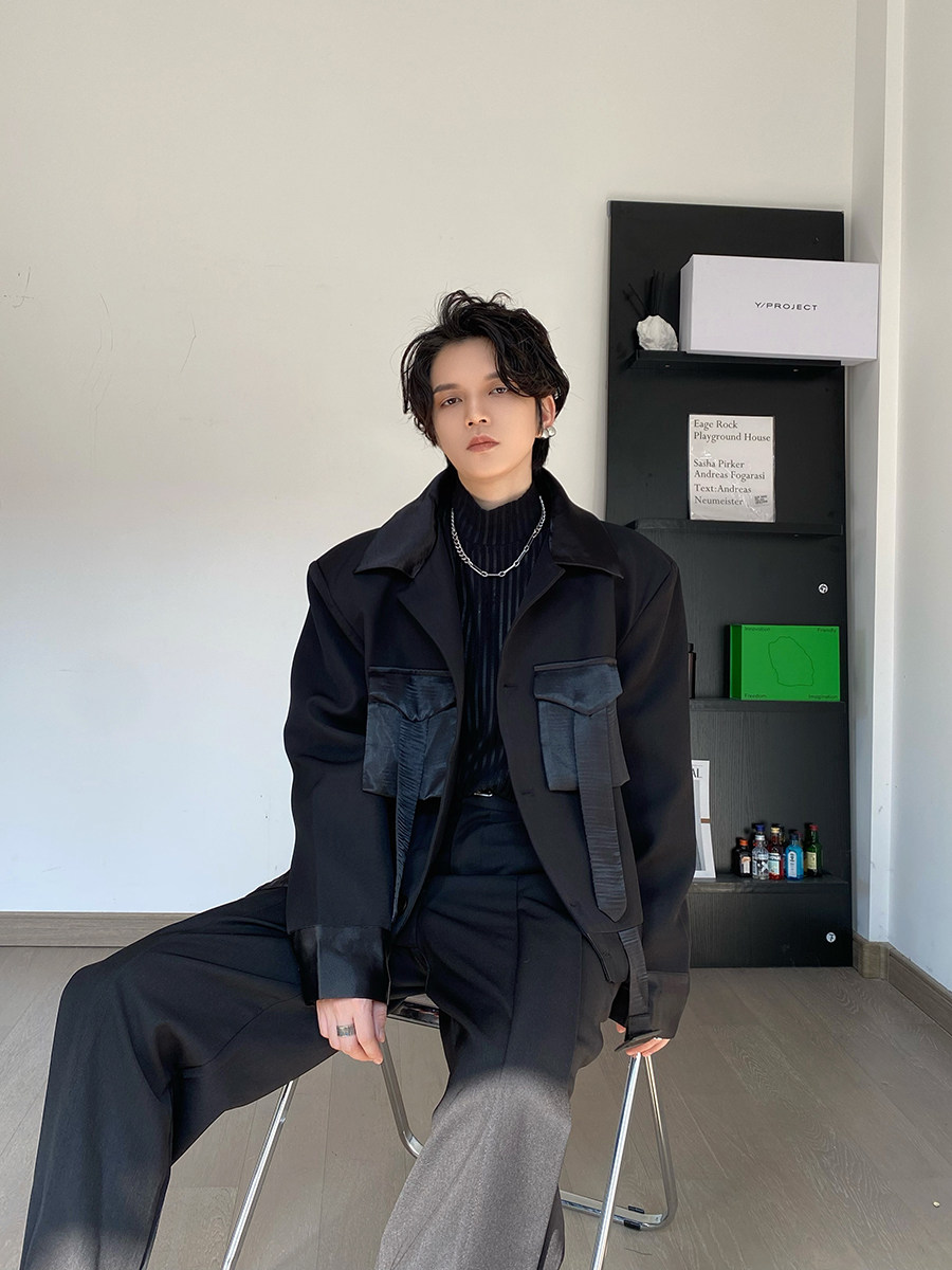 fei自制黑色垫肩立体设计潮流夹克男外套大口袋短款百搭休闲上衣