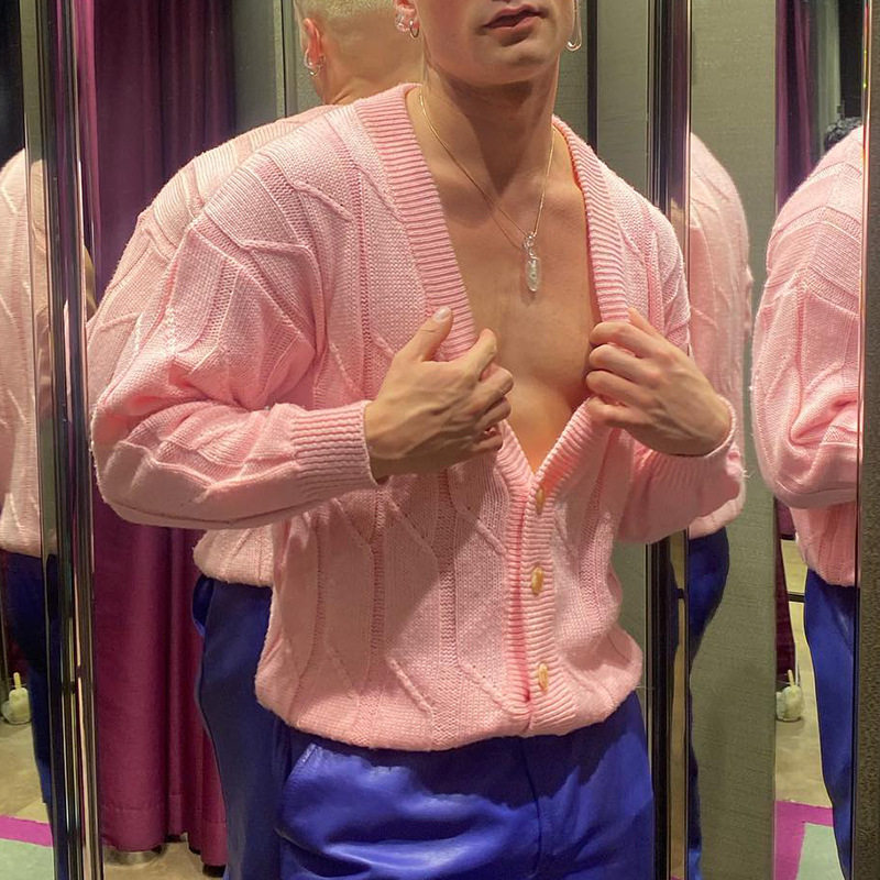 休闲宽松粉色毛衣开衫男士针织衫针织衫/毛衣