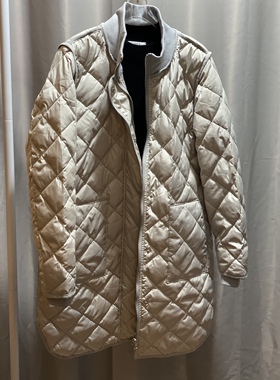 英淘TH侧边开叉95白鸭绒羽绒服女秋冬菱格图案高领拼接中长款外套