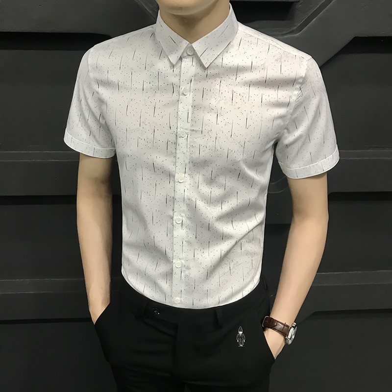 短袖衬衫男夏季男士短袖衬衫男韩版修身条纹半袖休闲衬衣帅0427o
