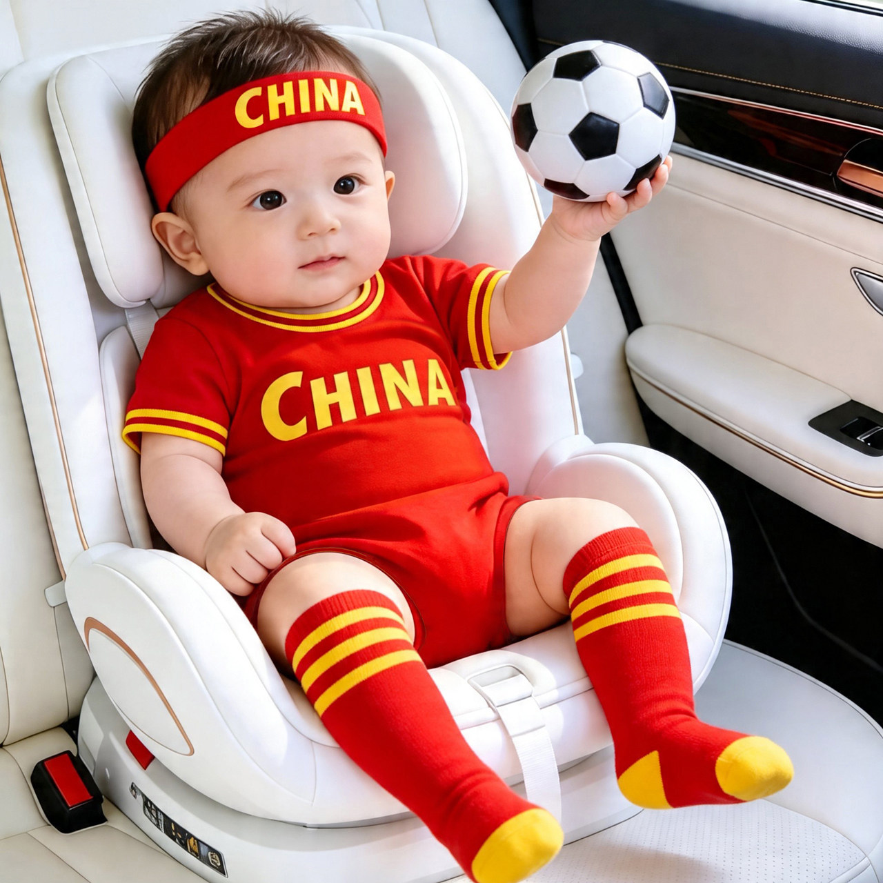 婴儿连体衣夏季纯棉短袖包屁衣红色中国运动球衣男宝百天拍照衣服