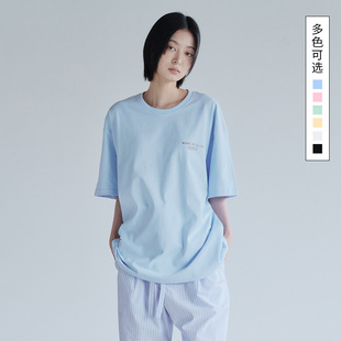 ADLV简约短袖T恤女夏韩版宽松蓝色纯棉半袖衣服圆领打底衫内搭男