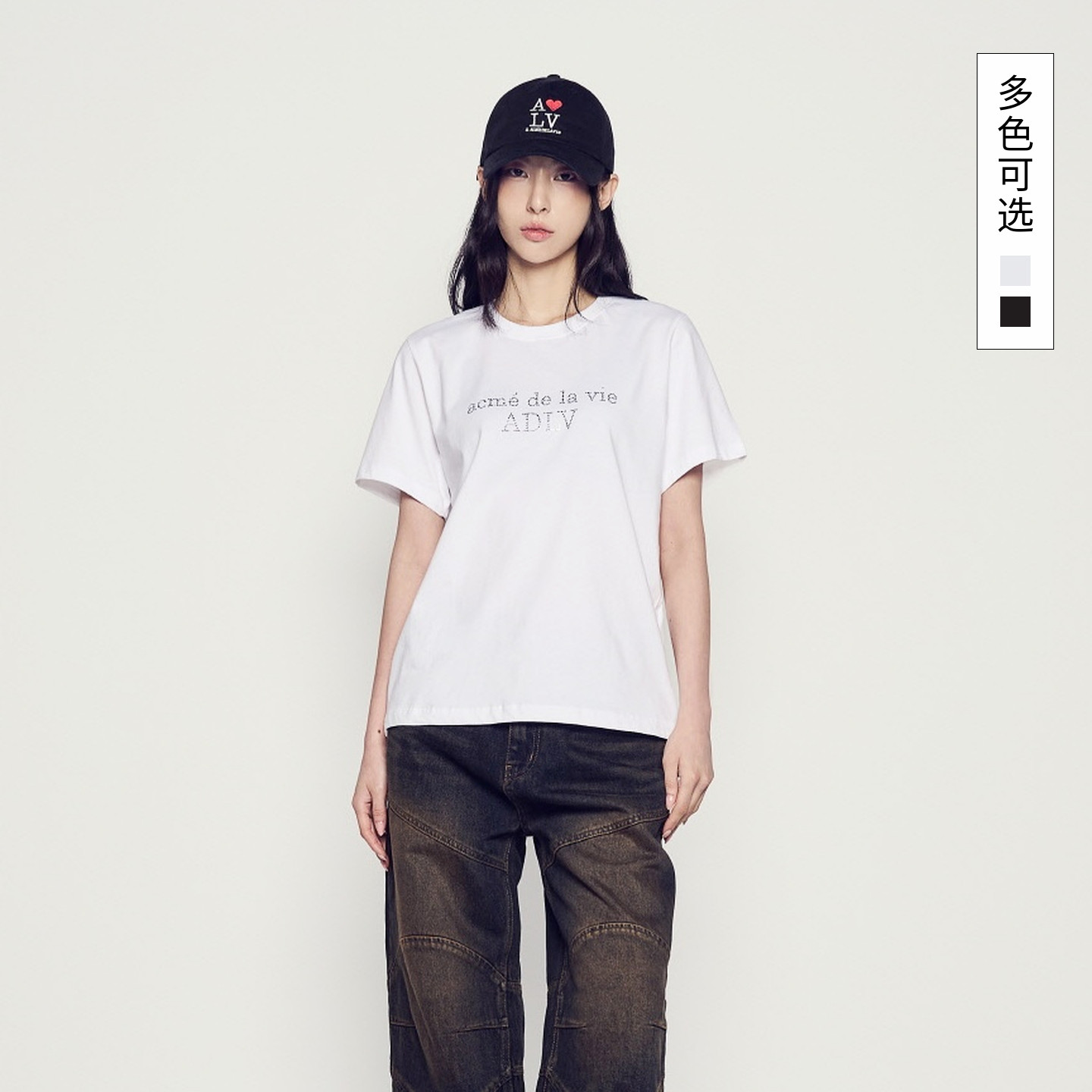 ADLV 韩国潮牌2025秋冬新品T恤贴钻字母Logo短袖T恤休闲女士上衣
