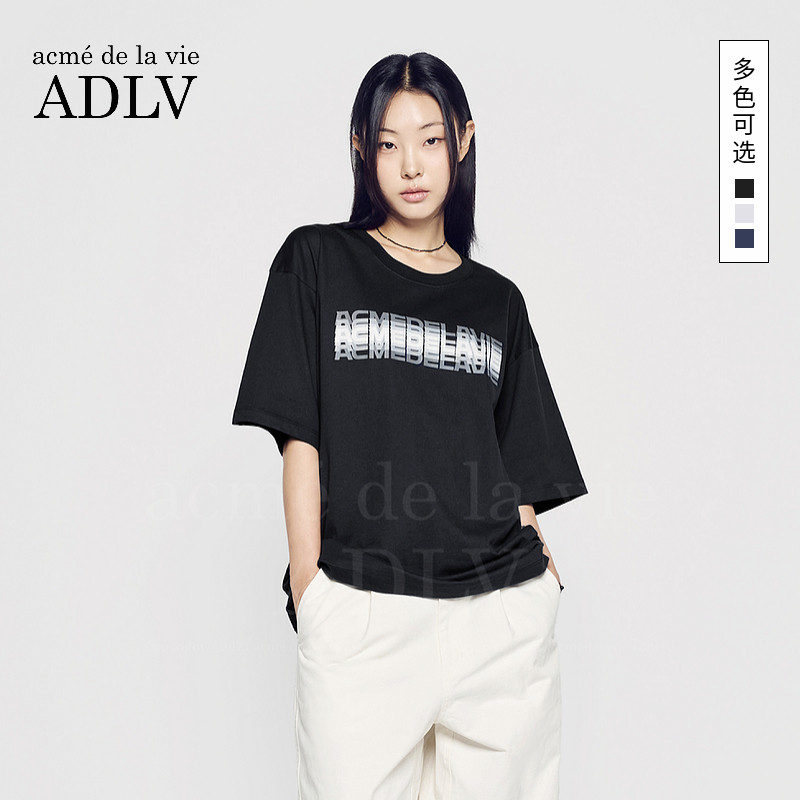 ADLV 韩国直邮潮牌夏季短袖T恤字母印花简约男女士同款体恤蓝色