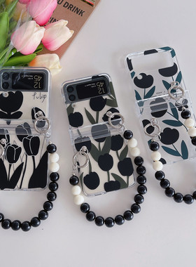 黑色系郁金香三星zflip4手机壳折叠屏Galaxy zflip3透明保护套SM-F7210防摔壳全包铰链W23Flip小清新女款翻盖