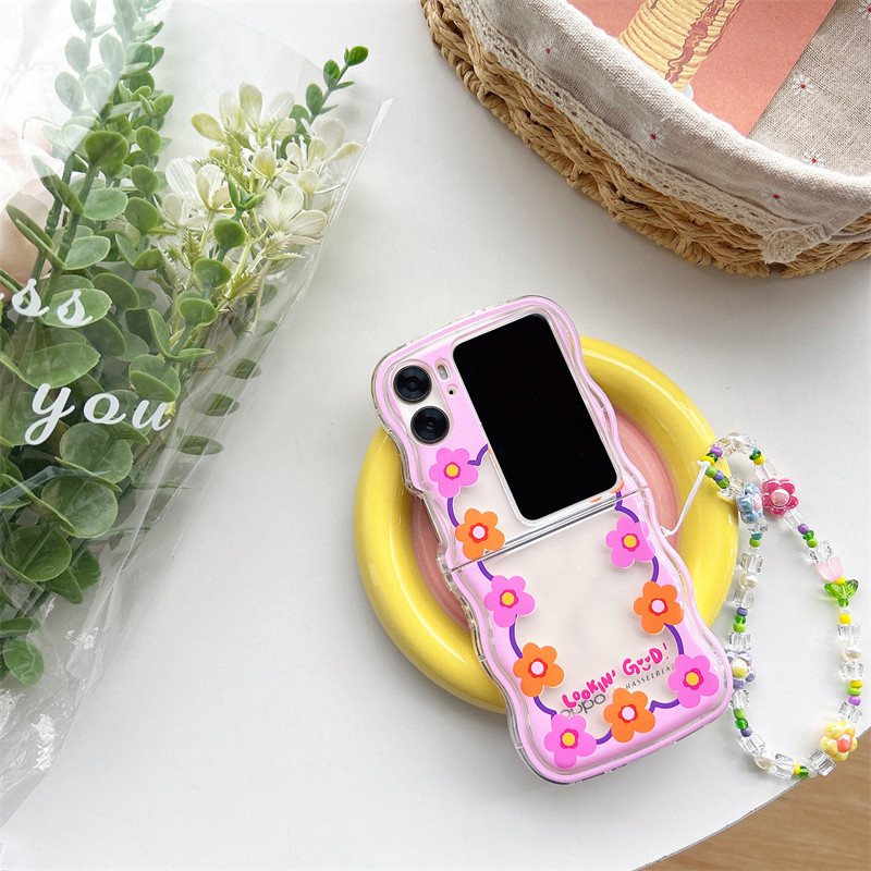 白云英文字母红边框花朵简约适用OPPOFindN2Flip手机壳oppofindn2flip防摔保护套全包小清新ins风手链女款