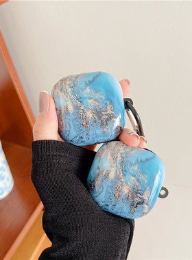 适用三星buds2耳机壳buds2pro蓝牙耳机保护套蓝色鎏金大理石光面时尚budslive全包硅胶pro防摔耳机套男女外壳