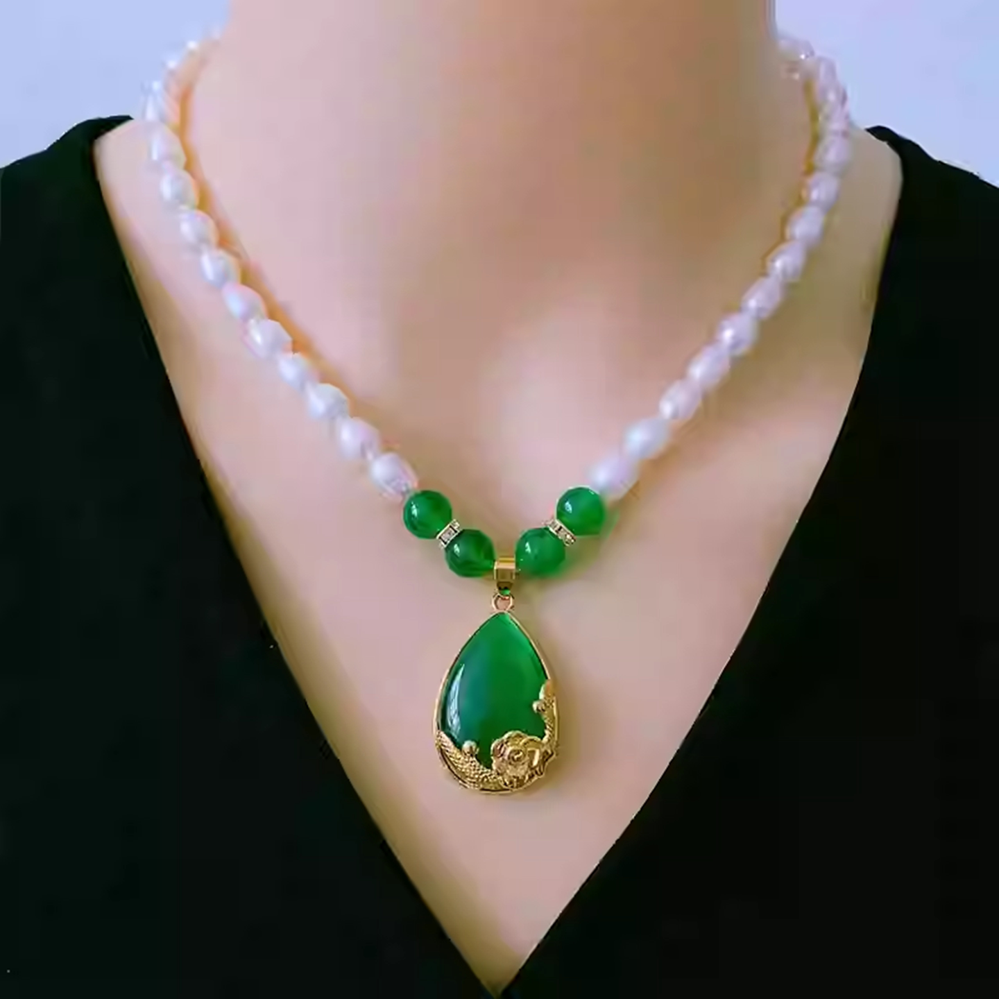 天然淡水珍珠项链女绿松石吊坠小众设计轻奢锁骨链福禄绿母亲节礼