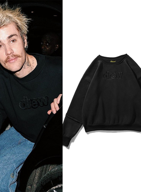 drew黑色刺绣字母圆领卫衣男女秋冬新款高街比伯宽松加绒套头衫潮