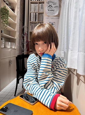 美式复古蓝色条纹撞色长袖t恤女早秋宽松chic别致独特打底衫上衣