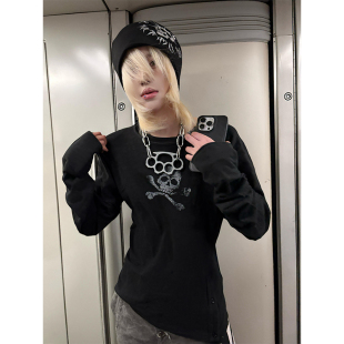 内搭打底衫 t恤女秋季 高级感情侣套头上衣 复古骷髅头打褶长袖 美式