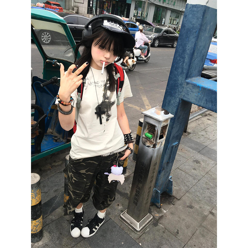 美式复古火烧吉他正肩短袖t恤女