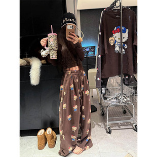 休闲宽松慵懒运动直筒裤 2025新款 女冬季 加绒加厚kt猫印花阔腿卫裤