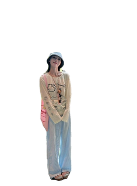 可爱猫咪印花天丝防晒长袖t恤女