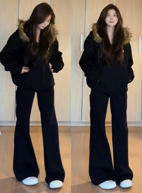 黑色微喇叭牛仔裤女秋冬季加绒加厚高腰弹力显瘦小个子直筒阔腿裤