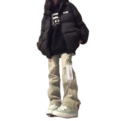 美式高街拼接黄泥色牛仔裤女秋冬