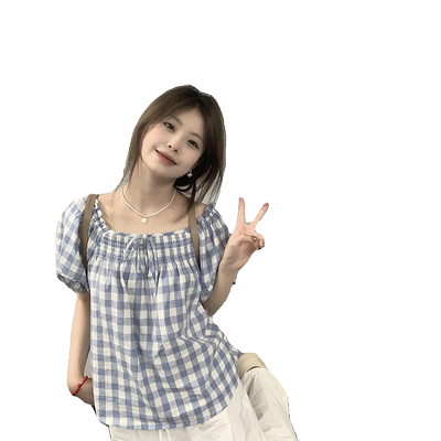 木耳边甜美短袖格纹衬衫女夏季