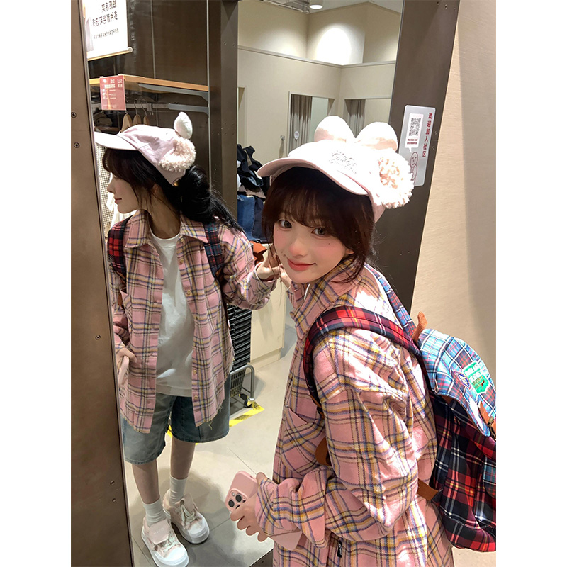 韩系粉色格子长袖衬衫女春秋2024新款设计感宽松休闲开衫外搭衬衣