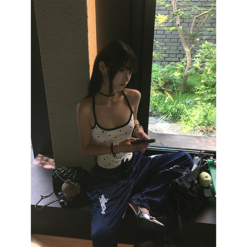 美式辣妹撞色爱心u领吊带背心女
