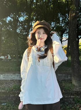美式复古刺绣白色长袖t恤卫衣女春秋2026新款宽松设计感小众上衣