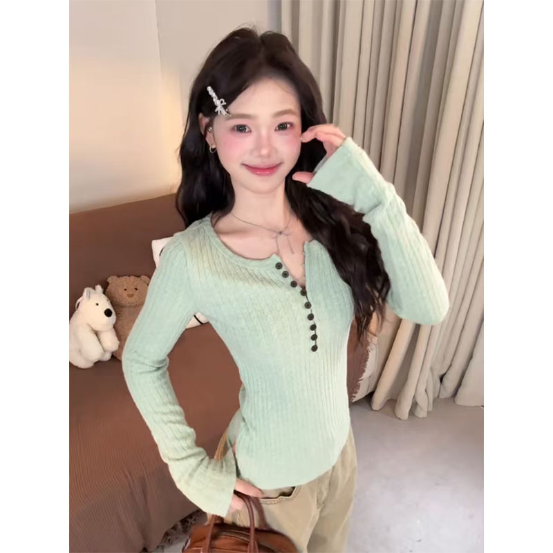韩系薄荷绿v领麻花长袖针织衫女