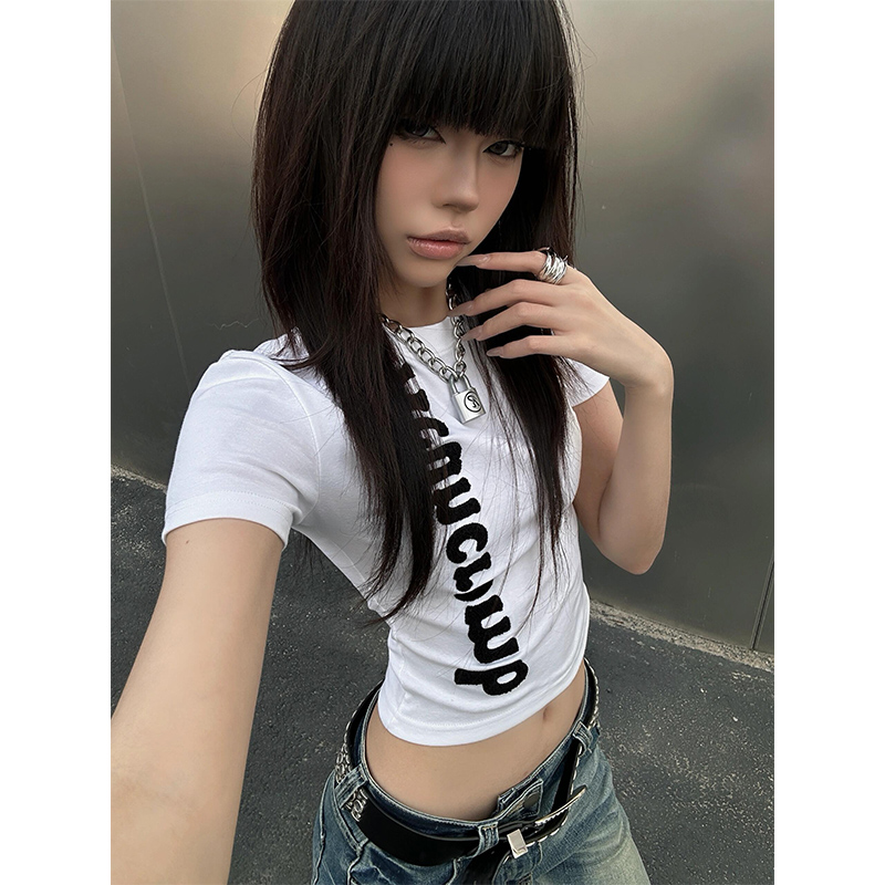 美式辣妹刺绣字母正肩短袖t恤女