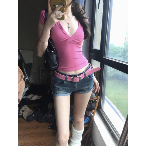 美式深v领低胸玫红色短袖t恤女夏