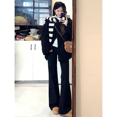 加绒黑色微喇牛仔裤女秋冬2024