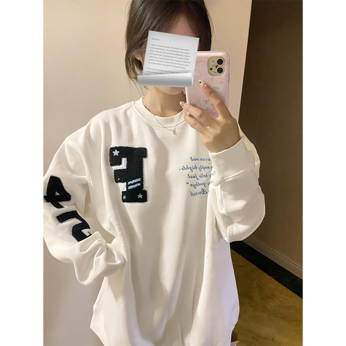 国潮牌美式宽松圆领刺绣卫衣女