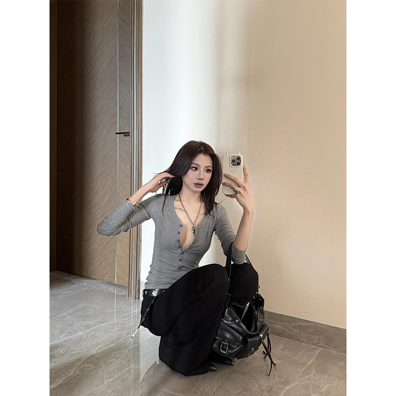 美式辣妹亨利领灰色长袖t恤女秋