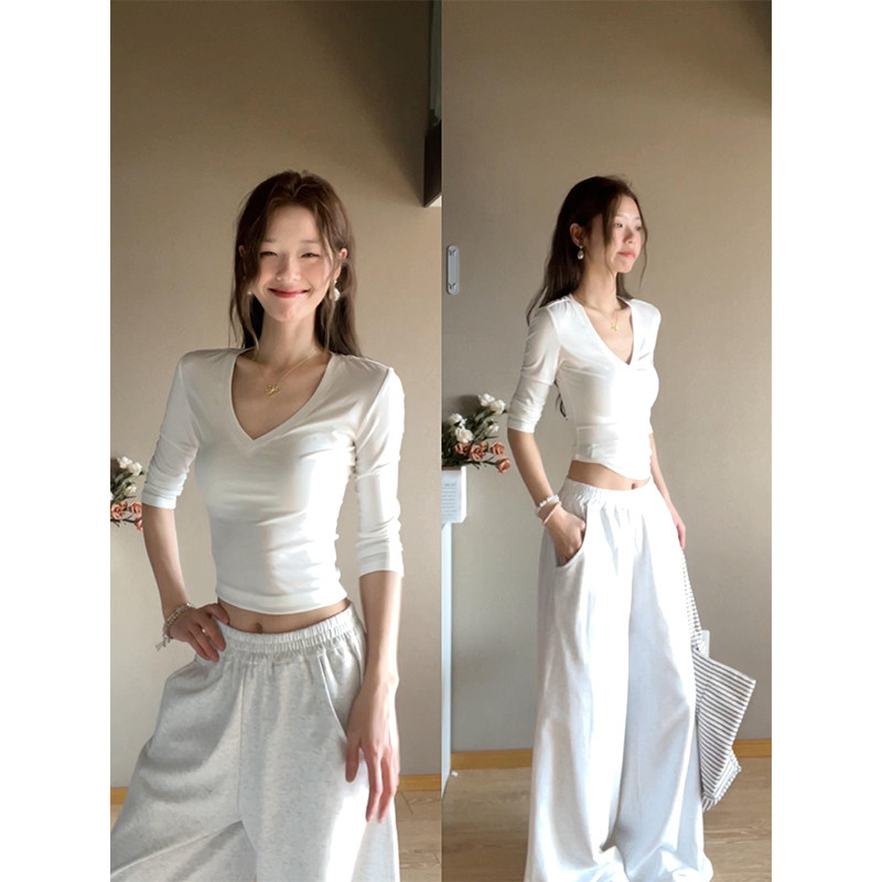白色七分袖v领t恤女2026春夏新款图片