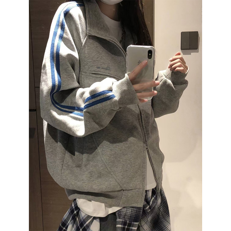 美式灰色翻领双拉链卫衣外套女秋