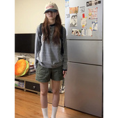 t恤女秋季 美式 复古亨利领条纹长袖 撞色拼接宽松显瘦百搭情侣上衣