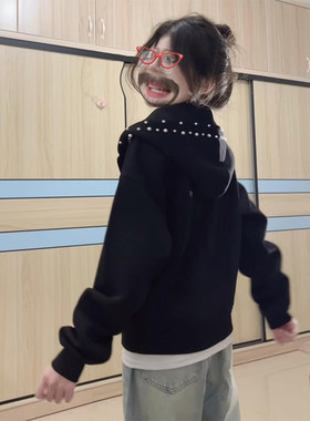 美式钉珠连帽拉链加绒卫衣女秋冬
