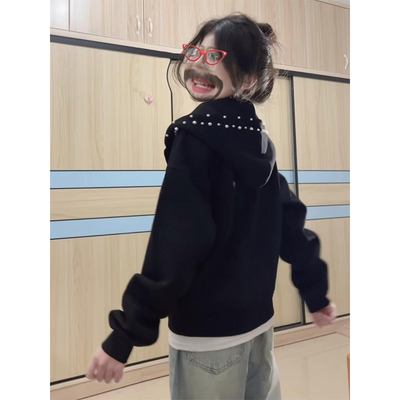 美式钉珠连帽拉链加绒卫衣女秋冬
