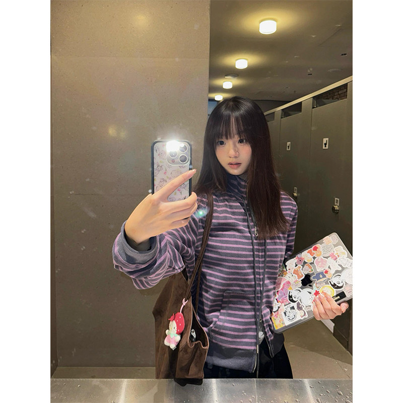 紫色条纹双拉链立领卫衣外套女秋冬2025新款设计感小众短款上衣潮,女装/女士精品,卫衣/绒衫,淘宝优惠券,粉丝福利购,淘宝优惠卷
