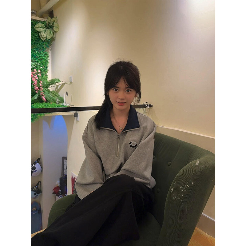 美式复古撞色长袖POLO衫卫衣女秋冬宽松百搭慵懒风潮牌半拉链上衣,女装/女士精品,卫衣/绒衫,淘宝优惠券,粉丝福利购,淘宝优惠卷