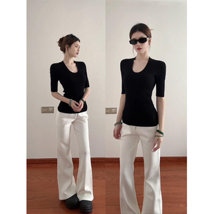 显瘦气质内搭打底半袖 黑色u领中袖 修身 短袖 上衣 T恤女春夏2025新款