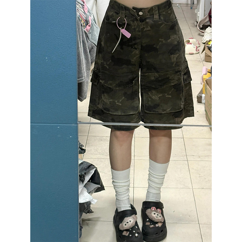 美式复古迷彩工装牛仔短裤女夏季图片