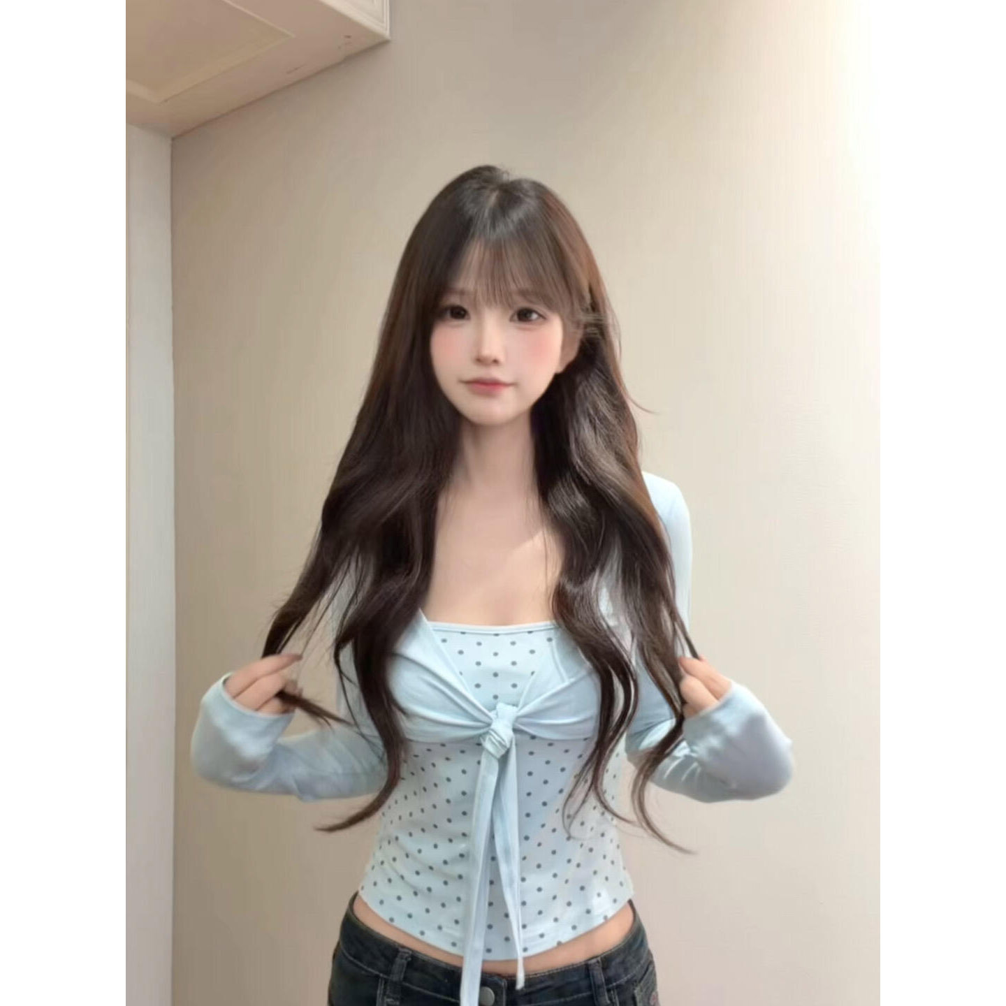 韩系温柔风波点假两件绑带长袖t恤女秋季修身显瘦辣妹打底衫上衣