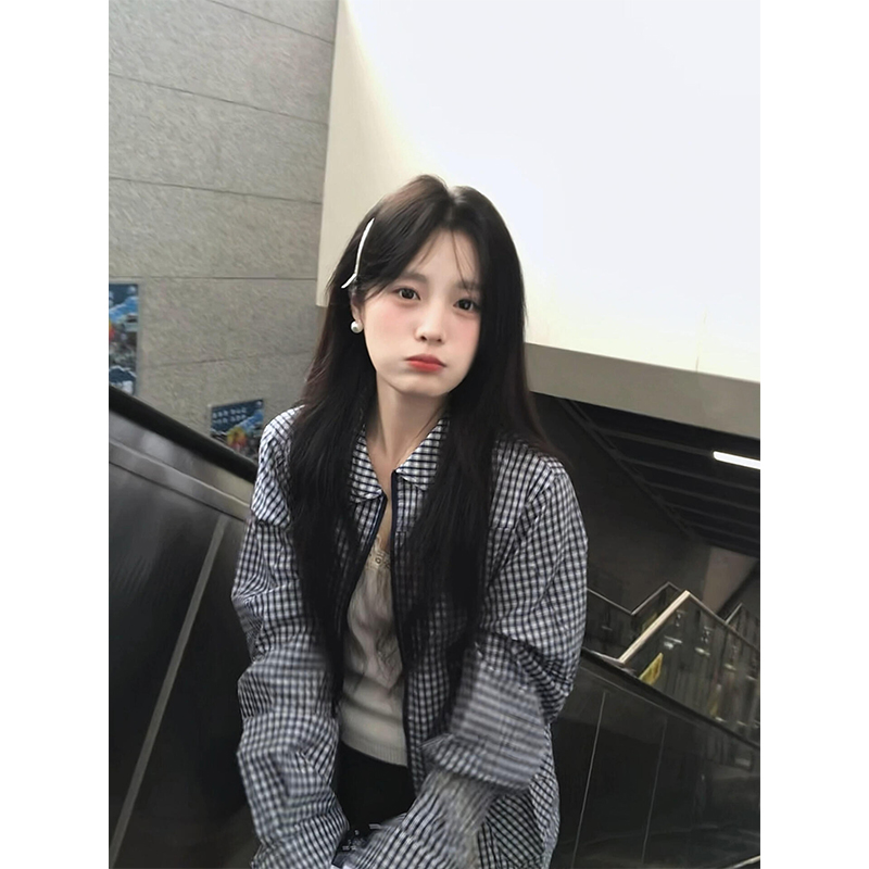 韩系独特漂亮休闲蓝色格子衬衫女