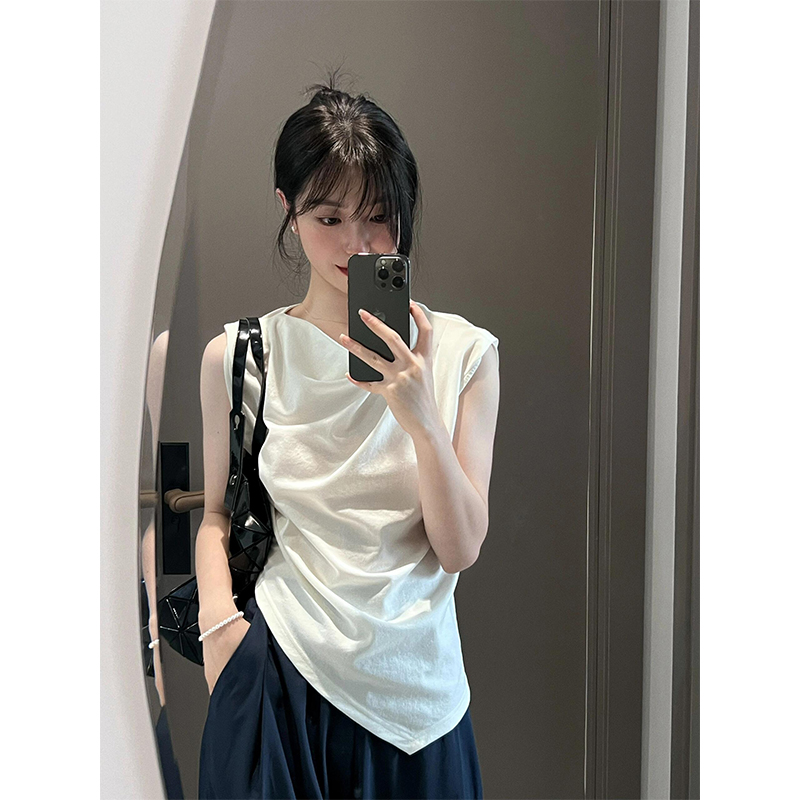 白色设计感不规则无袖背心T恤女