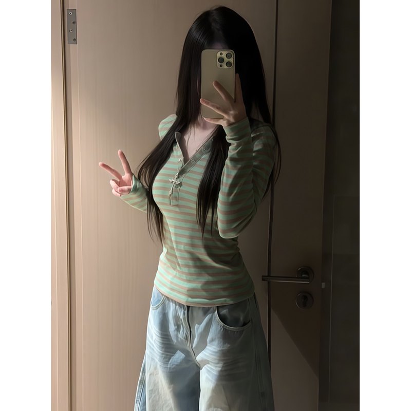 韩系复古撞色条纹半开领长袖t恤